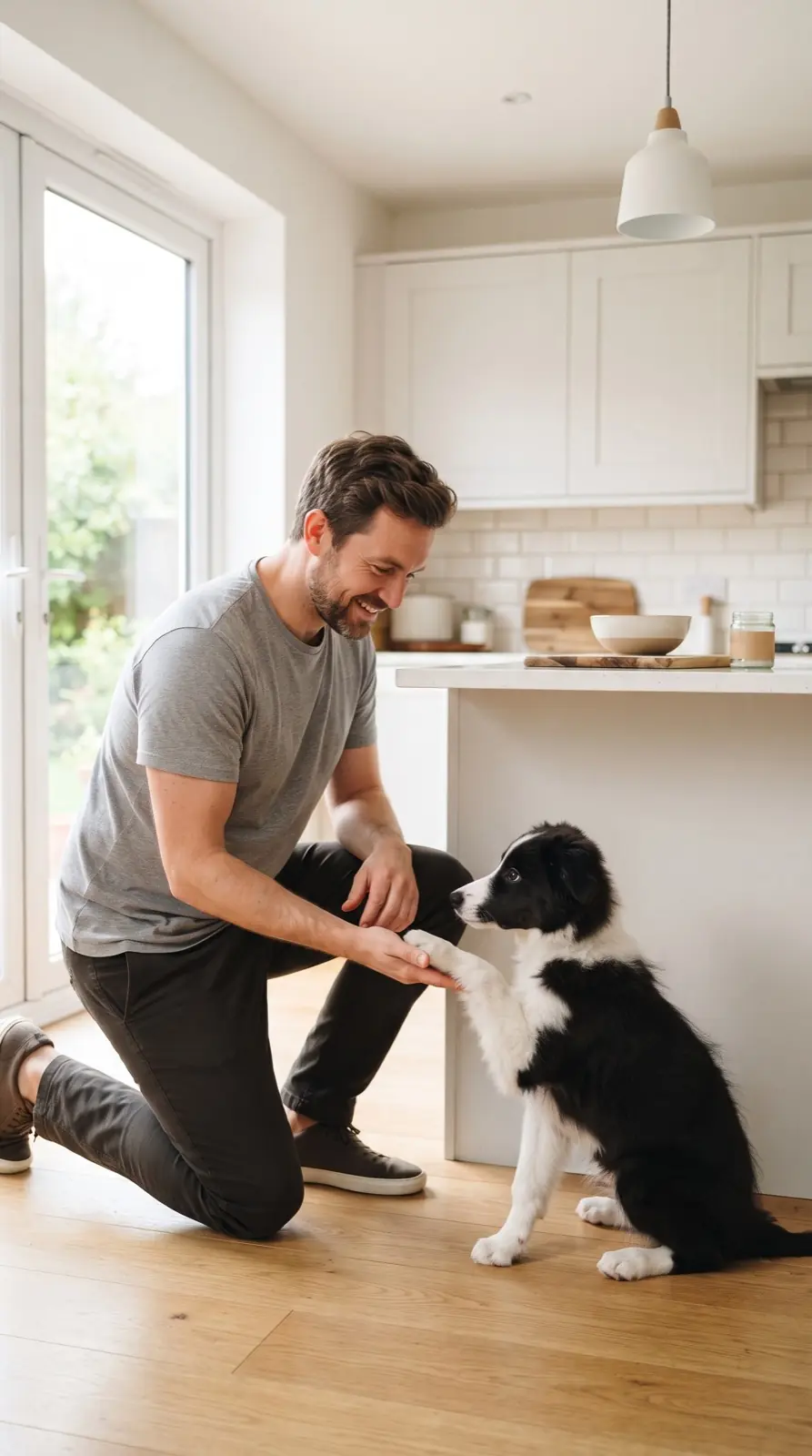 Border collie yavrusunun patisini tutan Deniz