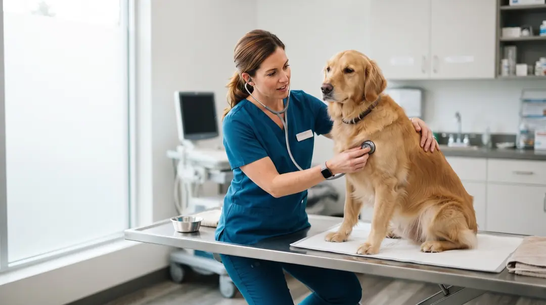 Golden retriever'ı muayene eden veteriner hekim